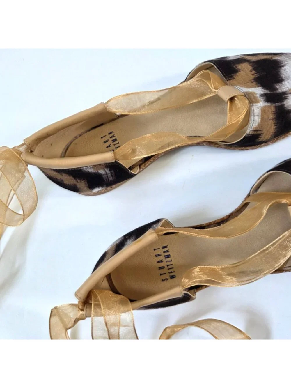 Stuart Weitzman Flats 7 Beige Black Calico Linen Espadrille D'Orsay Lace Up NEW